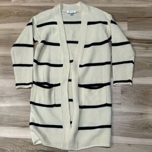 Shilla Striped Open Front Rib Knit Duster Cardigan Cream Black Women’s Small
